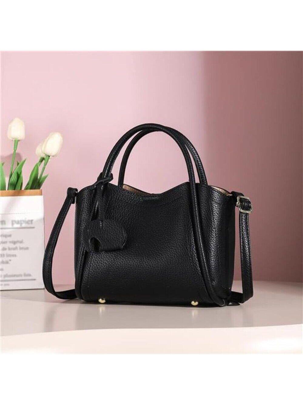 Crossbody Purse for Women Black Vegan Leather Mini Handbag with Top Handle